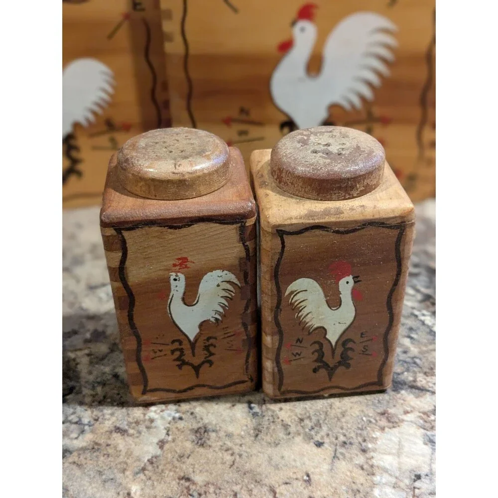Rooster Weathervane Hand Painted Wood Canister Set Redbird Line Japan S + P